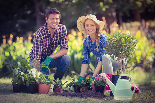 istock Happy young couple gardening together 482620966