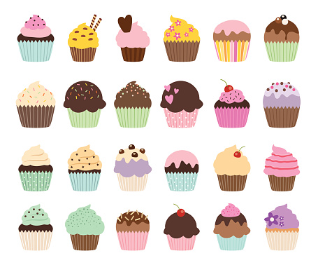 Cute vector cupcakes and muffins in different colors and flavors. 