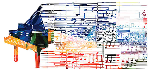 bunte piano-design. musik im hintergrund - music musical note treble clef dancing stock-grafiken, -clipart, -cartoons und -symbole