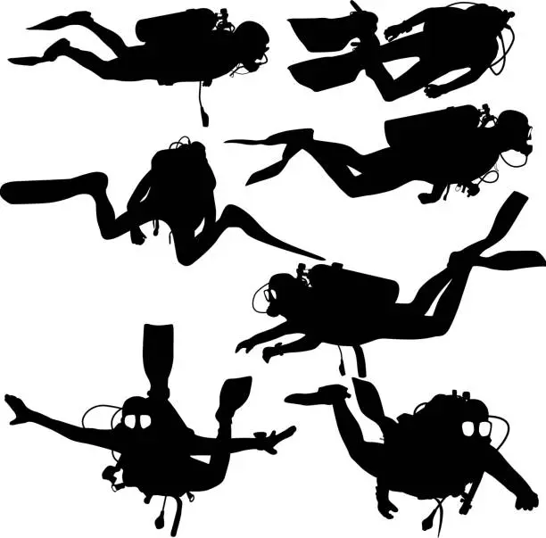 Vector illustration of Set black silhouette scuba divers. Vector illustration.