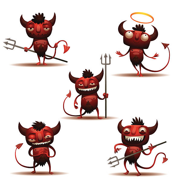 illustrazioni stock, clip art, cartoni animati e icone di tendenza di set di devils rosso - trident devil horned demon