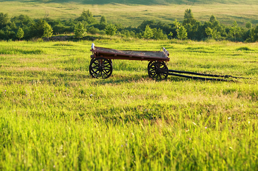 Rural landscape with old wooden cart
