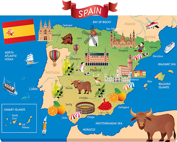cartoon map of spain - barcelona sevilla stock illustrations