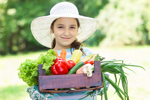 little girl holding a basket with vegetables