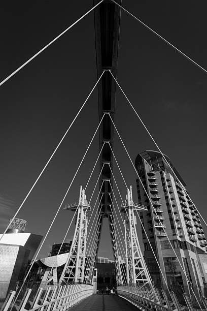 istock Symmetrically composed bridge with cityscape in black and white 482635070
