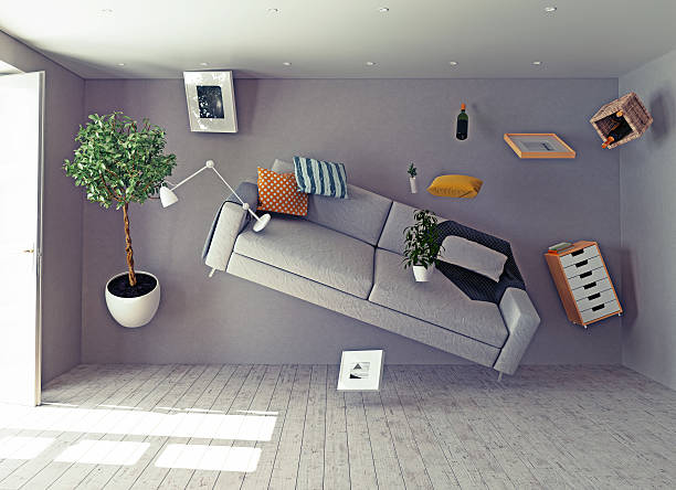 zero-gravity interior. zero-gravity interior. 3d creative concept defying gravity stock pictures, royalty-free photos & images