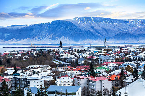 Beautiful aerial view of Reykjavik city, Iceland. stock photo