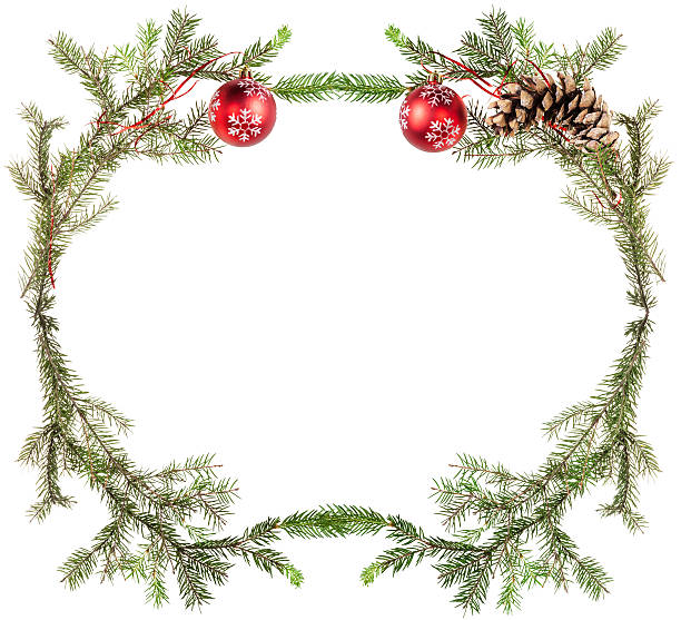 istock fir tree twigs with cones and red balls on white 482643088
