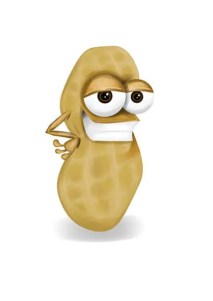 A cute and funny peanut character with a big smile on a white background, posing like a confident superstar or a superhero. Naturally beige nut hovers over the floor with a delicate shadow beneath. We can see how this this single sly cartoon character may represent healthy lifestyle, healthy food, organic farming, vegetarianism, vegan diet, good nutrition and importance of peanuts in a good diet. Expresses superiority of healthy food over junk food and can be a way to encourage people to consume peanuts. We can see the object from the front. Half closed eyes of this toon and a supporting arm enhance its cool, relaxed and sly expression.