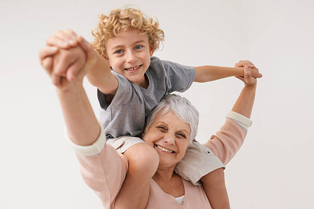 nonna divertente con - grandmother child grandparent isolated foto e immagini stock