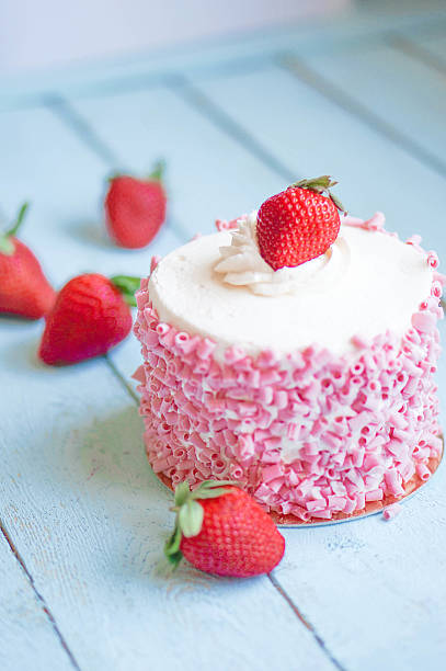 istock Strawberry cake with white cream on wooden background 482644699