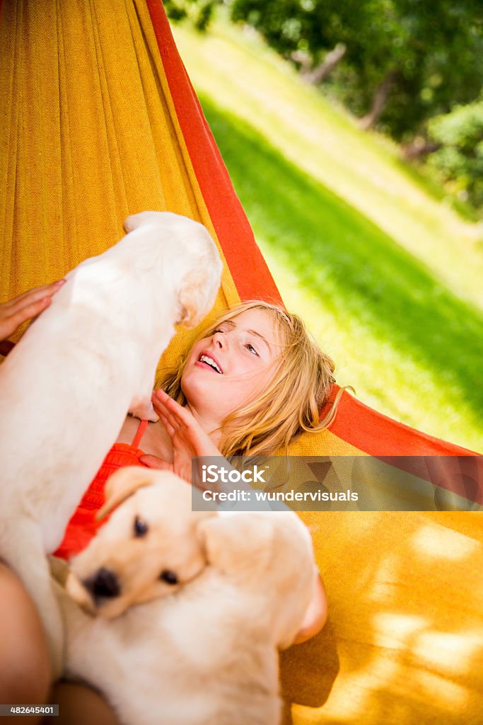 Girl with puppies in hammock Girl with puppies relaxing in hammock Animal Stock Photo