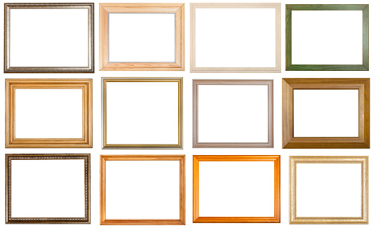 set of 12 pcs various wooden picture frames with cut out blank space isolated on white background