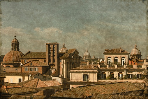 Vintage urban scenic of Rome with domes and churches