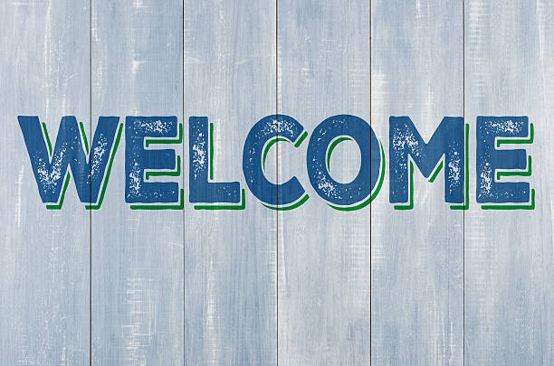 istock Blue wooden wall with the inscription Welcome 482650000
