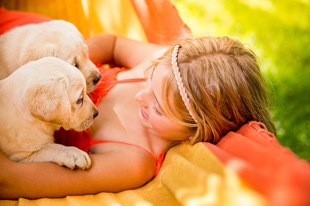 istock Happy girl with puppies in hammock 482651477
