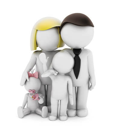 Dad, mom and two children isolated on white. Clipping path is included.