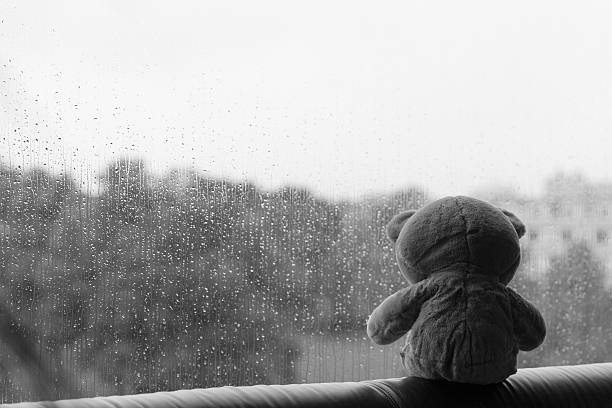 Sad bear in front of window Sad bear in front of window, looking outside at the rain. Raindrops on the glass. arma-globalphotos stock pictures, royalty-free photos & images