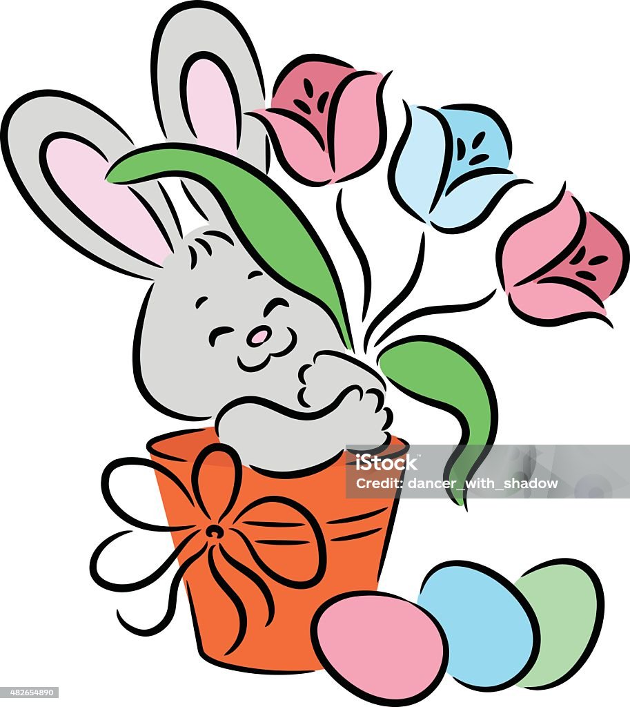 Easter rabbit Easter rabbit in the basket with flowers and eggs, isolated 2015 stock vector