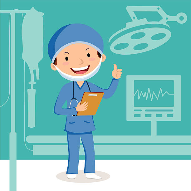 Male surgeon Cheerful surgeon in the operation theater. person oxygen tank stock illustrations
