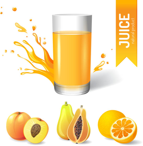 illustrazioni stock, clip art, cartoni animati e icone di tendenza di succo in vetro - peach fruit portion orange