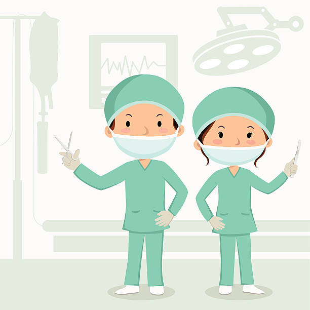 Surgeons in the operation theater Surgeons dressed for the operating theater and holding surgical instruments. person oxygen tank stock illustrations