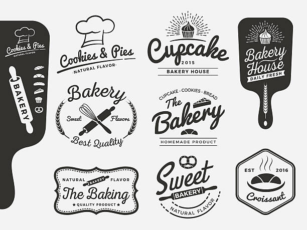 illustrations, cliparts, dessins animés et icônes de ensemble de pain boulangerie et des étiquettes design logo - pastry bakery biscuit cookie