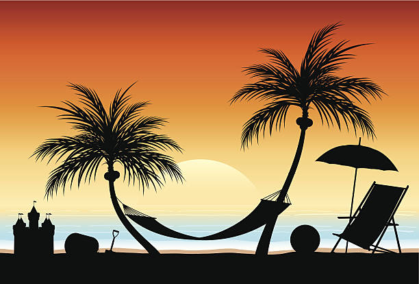 пляж заката - outdoor chair beach chair umbrella stock illustrations