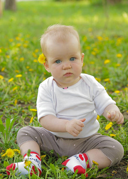 istock Little baby playing in the park on the grass 482662195