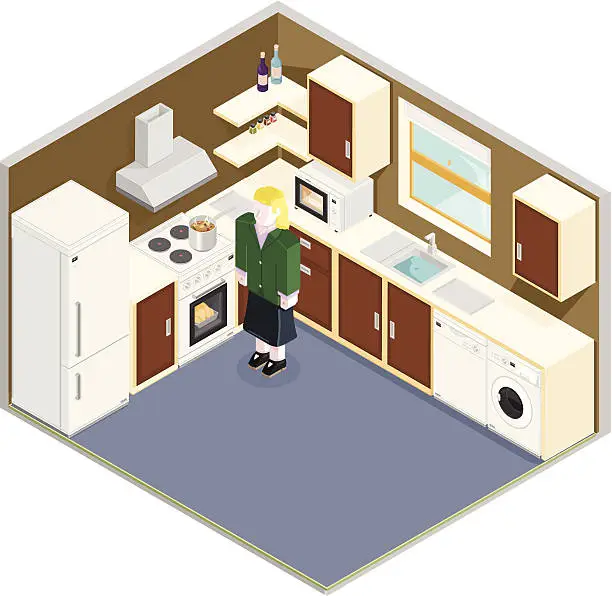 Vector illustration of Isometric Scene of Mother cooking in a Kitchen