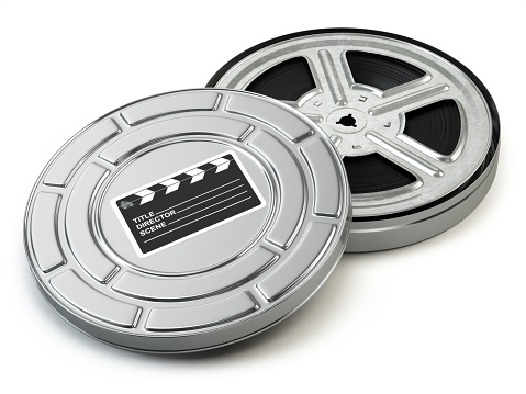Film reel and box. Video, movie, cinema vintage concept. 3d