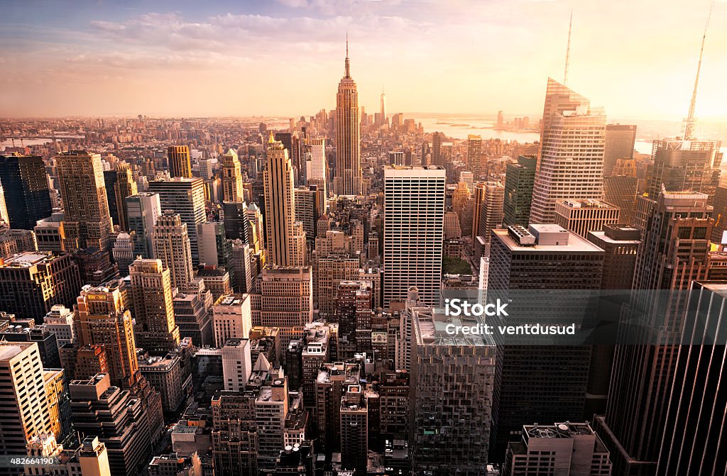 New York City skyline New York City skyline with urban skyscrapers at sunset, USA. Wall Street - Lower Manhattan Stock Photo