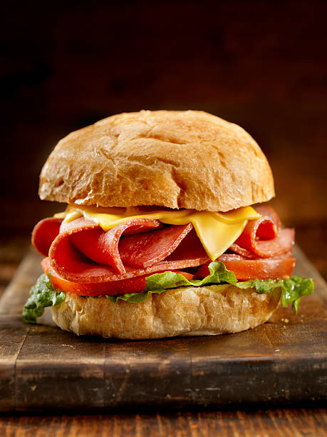 Fried Bologna Sandwich with Lettuce, Tomato, Melted Cheese and Fries-Photographed on Hasselblad H3D2-39mb Camera