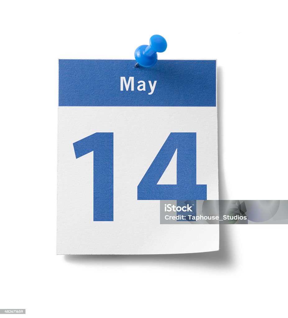 May 14th Calendar A photograph of a calendar page with a blue band and the date - "May 14th" - isolated on white. May Stock Photo