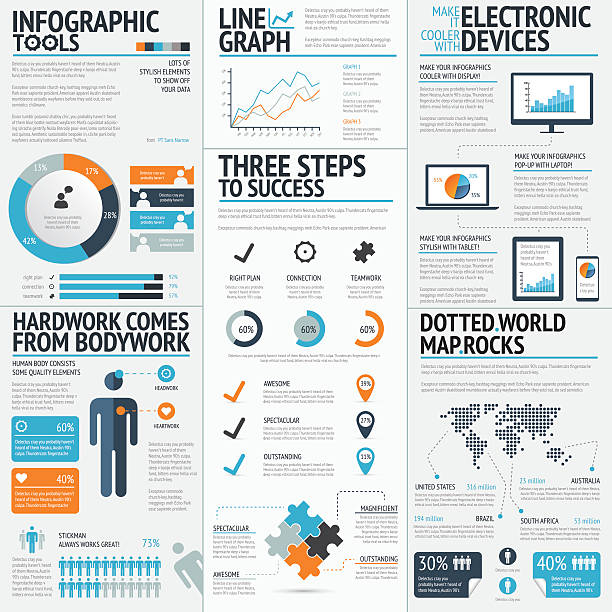 Vector drawing of business infographic elements A vector illustration featuring infographic elements in a modern style.  The first element in this set features several ways to display data.  The element below it shows a human body with the head separated from the torso.  Each side of the body is filled in with a different shade of blue.  There are icons to indicate the head and the heart.  This set also includes a line graph, four electronic devices, a world map and an icon with four interlocking puzzle pieces.  All of the elements have bold pops of color that stand out against the plain background.  This illustration uses transparencies. infographic templates stock illustrations