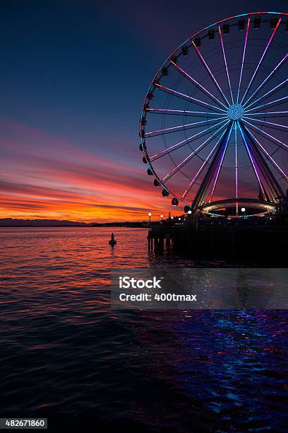 Elliott Bay Sunset Stock Photo - Download Image Now - Seattle Great Wheel, Illuminated, Vacations