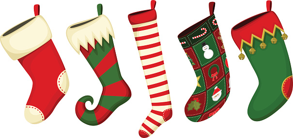 Vector illustration of a variety of Christmas stockings. Each stocking is on its own layer, easily separated from the other stockings.  Illustration uses no gradients, meshes or blends of any kind. Both .ai and AI8-compatible .eps formats are included, along with a high-res .jpg.