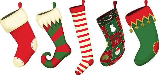 Christmas Stockings Vector illustration of a variety of Christmas stockings. Each stocking is on its own layer, easily separated from the other stockings.  Illustration uses no gradients, meshes or blends of any kind. Both .ai and AI8-compatible .eps formats are included, along with a high-res .jpg. christmas stocking stock illustrations