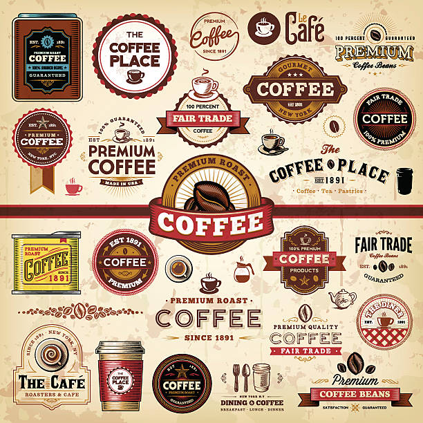 illustrazioni stock, clip art, cartoni animati e icone di tendenza di badge & etichette caffè - coffee bean coffee label retro revival