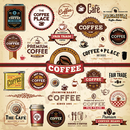 A collection of assorted coffee-themed design elements. EPS 10 file, with transparencies (overall layer effects only), layered & grouped.