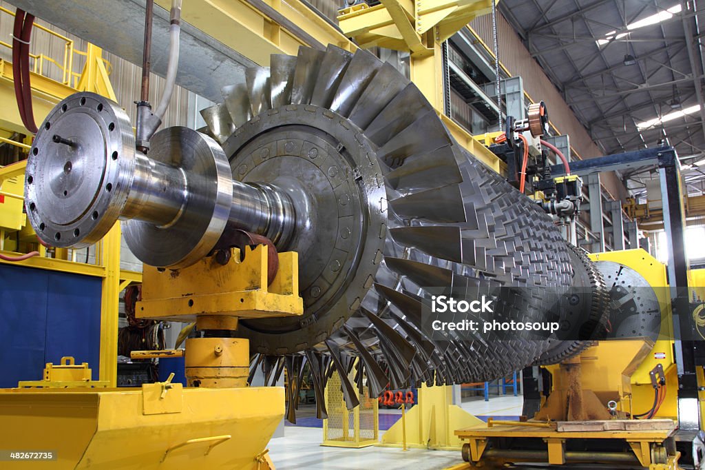 Gas turbine rotor at workshop gas turbine rotor being serviced at workshop Gas Turbine Stock Photo