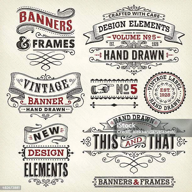 Vintage Frames And Banners For Рисованные — стоковая векторная графика и другие изображения на тему Стиль ретро - Стиль ретро, Старомодный, Машинописный текст