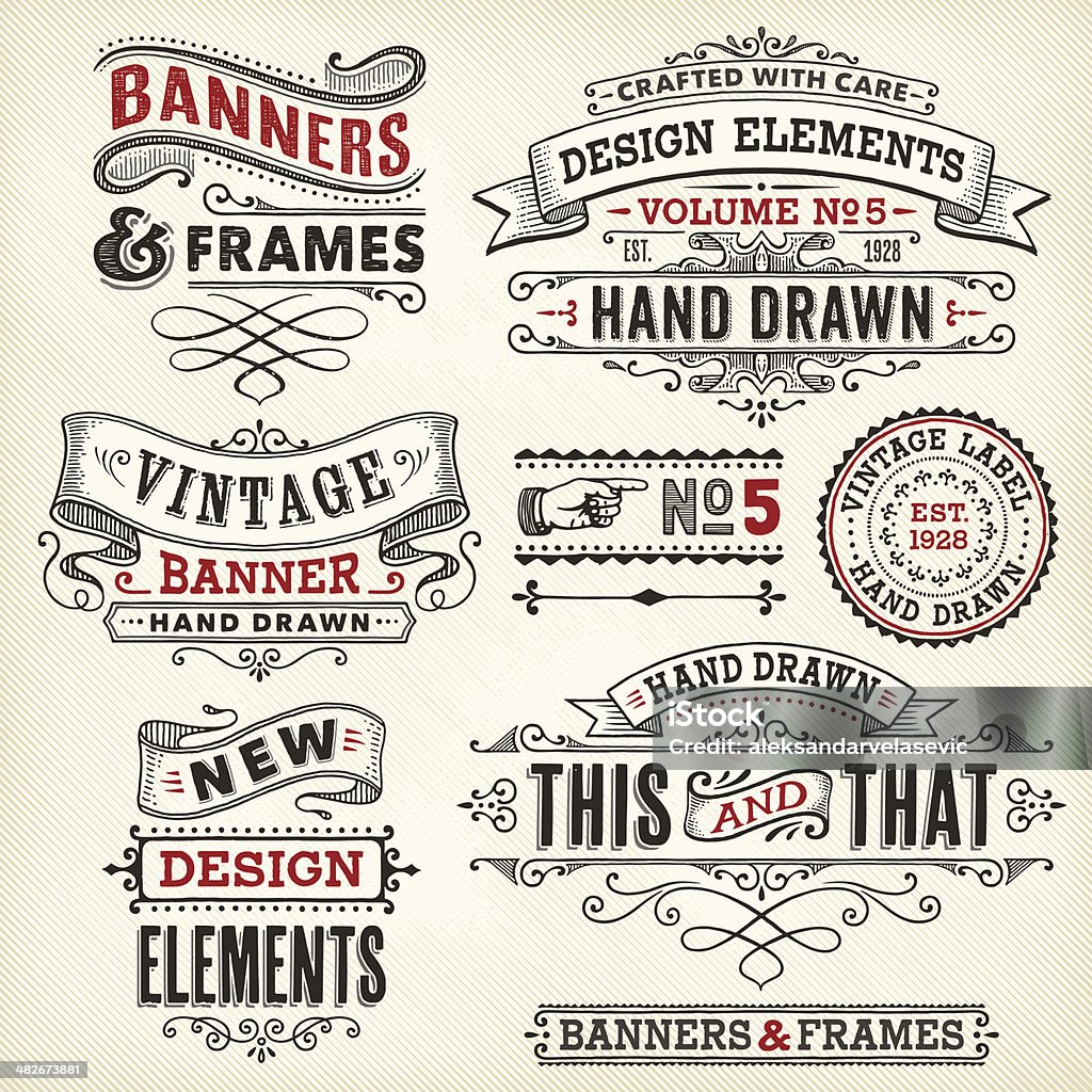 Vintage frames and banners hand drawn Set of ornate hand drawn design elements.File is grouped and layered with global colors.More works like this linked below. Retro Style stock vector