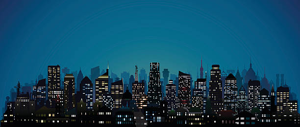 city at night (123 highly detailed buildings) - gece illüstrasyonlar stock illustrations