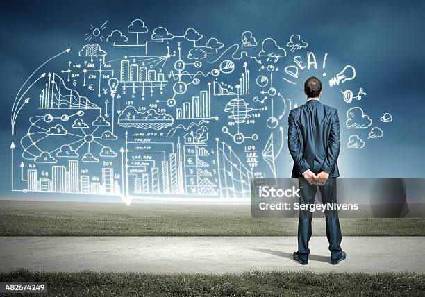 Businessman And Business Sketch Stock Photo - Download Image Now - Adult, Beautiful People, Brainstorming