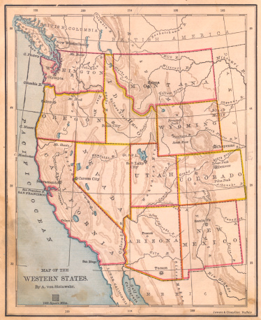 Color image of an old map of the Western United States, from the 1800's.
