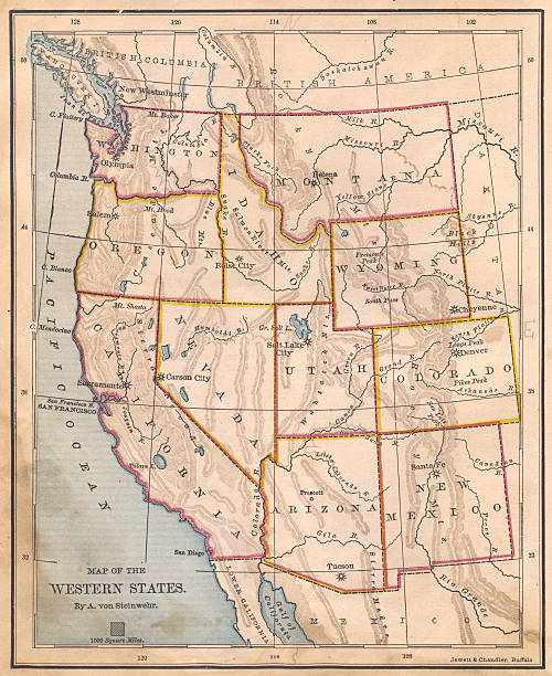 velho, cor mapa do oeste dos estados unidos, de 1800 - vertical color image vancouver sea - fotografias e filmes do acervo