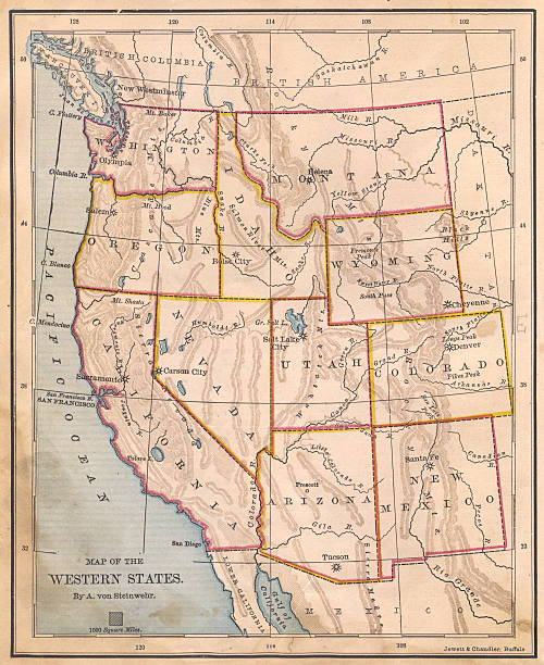 старый, цветная карта западной соединенных штатов, от 1800's - montana map usa old стоковые фото и изображения