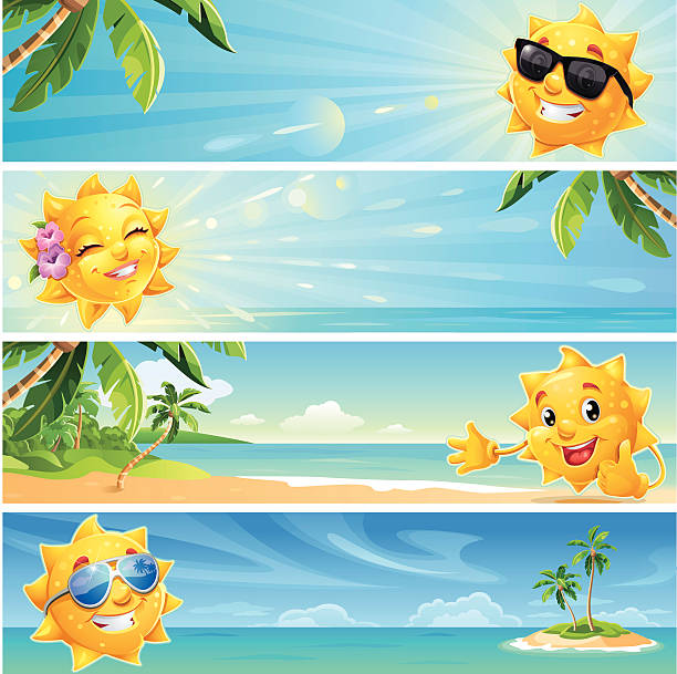 Bannière d'été soleil de dessin animé avec fond de plage tropicale portant des lunettes de soleil - Illustration vectorielle