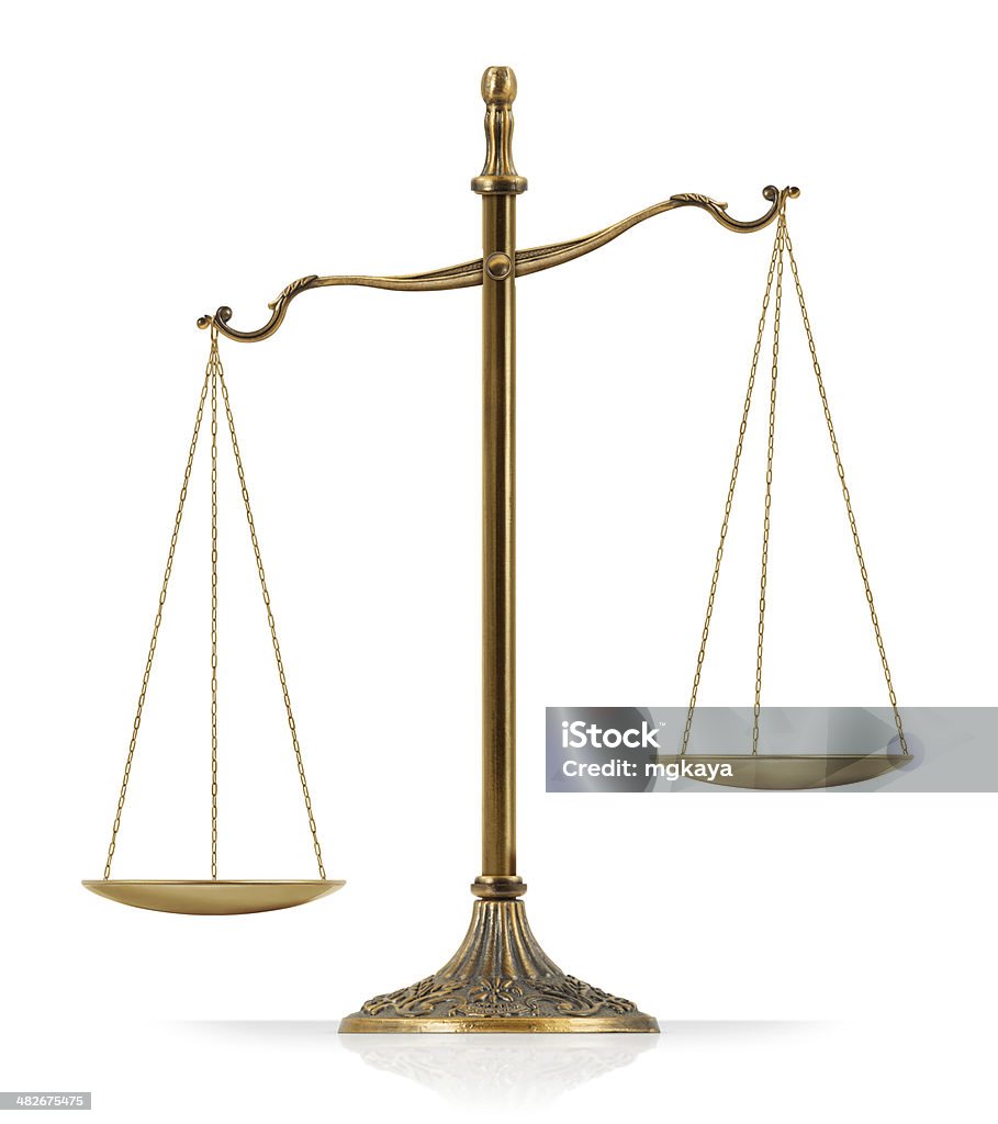 Scales of Justice Unbalanced "Scales of Justice" isolated on white background. Weight Scale Stock Photo